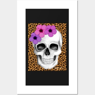 Skull With Flowers (On Leopard Print Background) Posters and Art